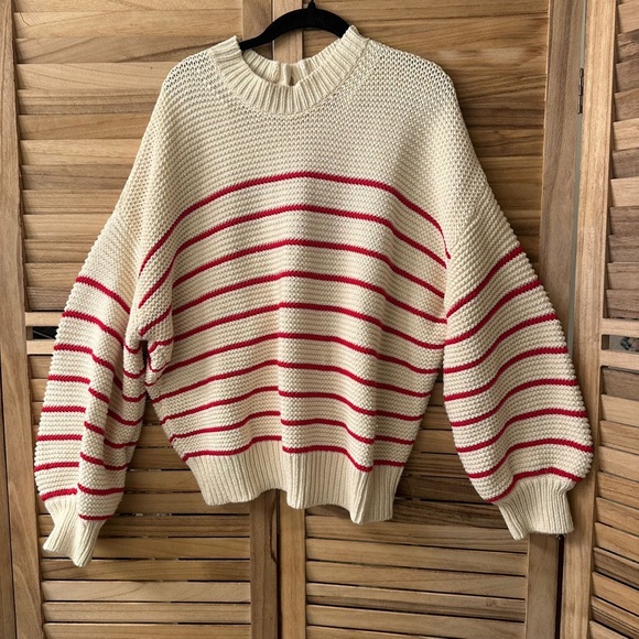 Alex Mill Button Back Crew Neck Neck Sweater Ivory Red Stripe sz XL - Picture 6 of 7